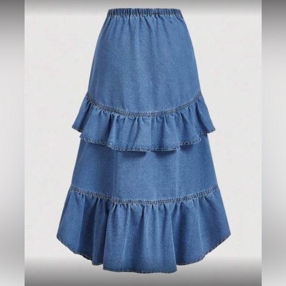 Blue Ruffle Denim Maxi Skirt - Picture 2 of 4
